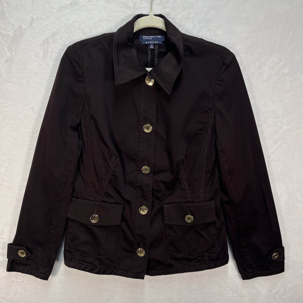 Jones New York Utility Jacket Womens Medium Brown Gold Buttons Pockets Fall